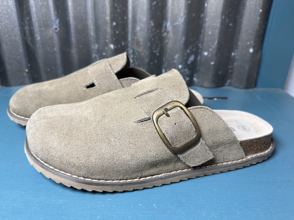 Cushionaire Blain Suede Clog Mule Taupe Size 10M Buckle Cork Footbed Comfort